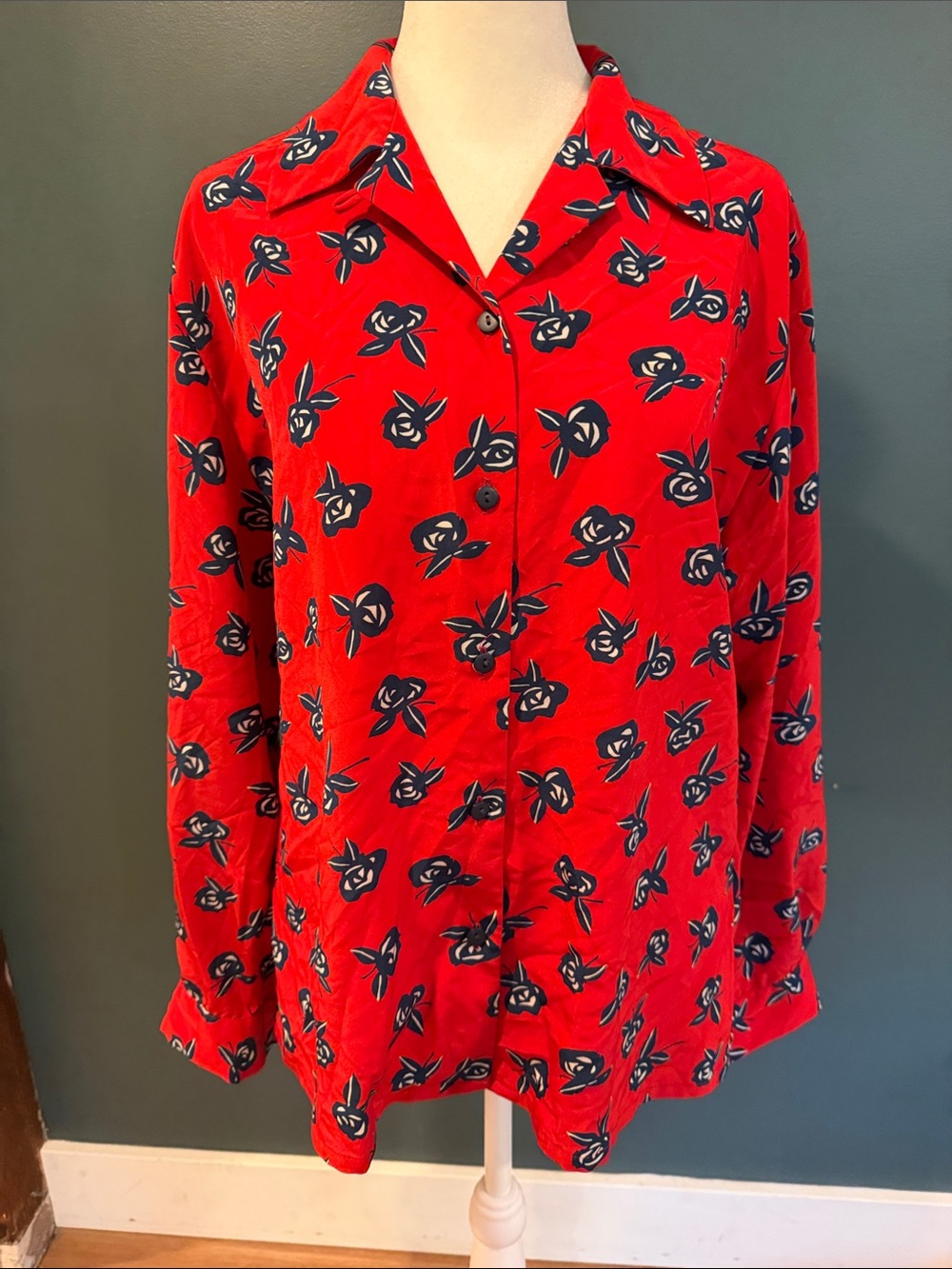 Red Floral Button-Up Shirt -Lightweight Long Sleeve